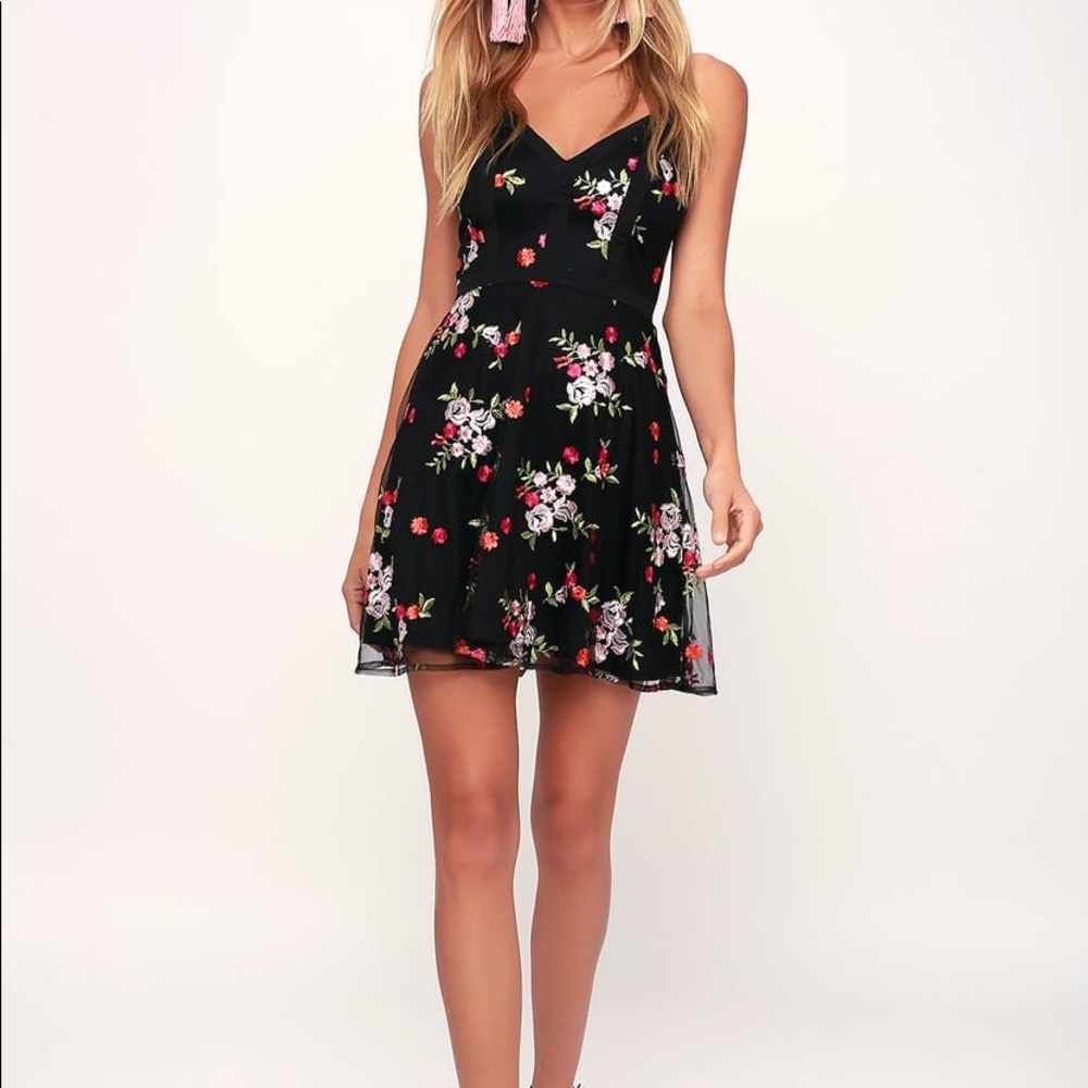 Black Skater Dress With Embroidered Flower Mesh